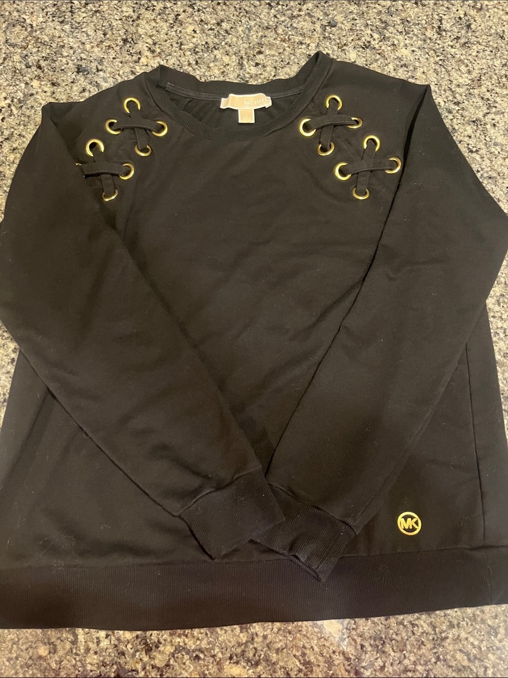 Michael Kors- Black Sweatshirt with Gold Grommet Lace-Up Detail
